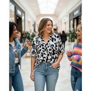 Well Worn Black & White Floral Ruffle Sleeve Blouse - (Size L) (B0470)‎